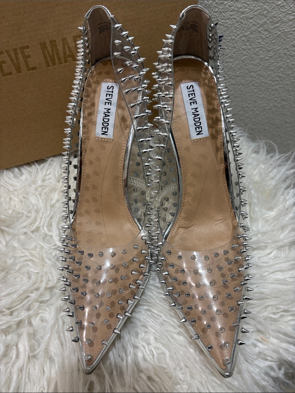 Steve Madden Clear Pointed Flats with Silver Spikes